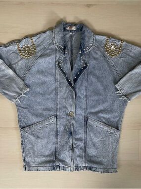 VTG Apache Denim Jacket Made In USA Rhinestone Acid Wash Blazer Oversized Medium